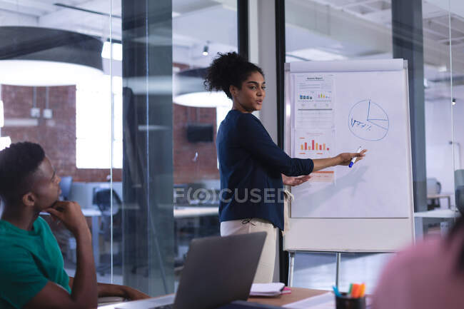 Смешанная расовая женщина, стоящая у доски с презентацией для разнообразной группы коллег. независимый бизнес креативного дизайна. — стоковое фото