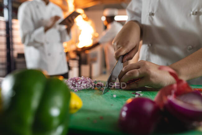 Midsection de chef profesional preparando verduras con colega en segundo plano. trabajando en una cocina ajetreada. - foto de stock