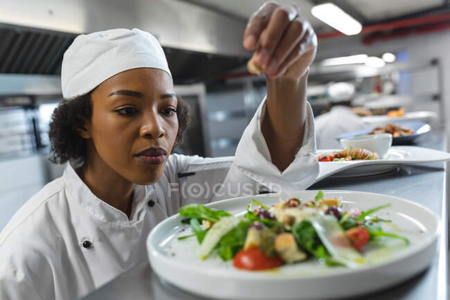 Piatto di finitura professionale gara mista chef prima di servire con il collega in background. lavorando in una cucina ristorante occupato. — Foto stock