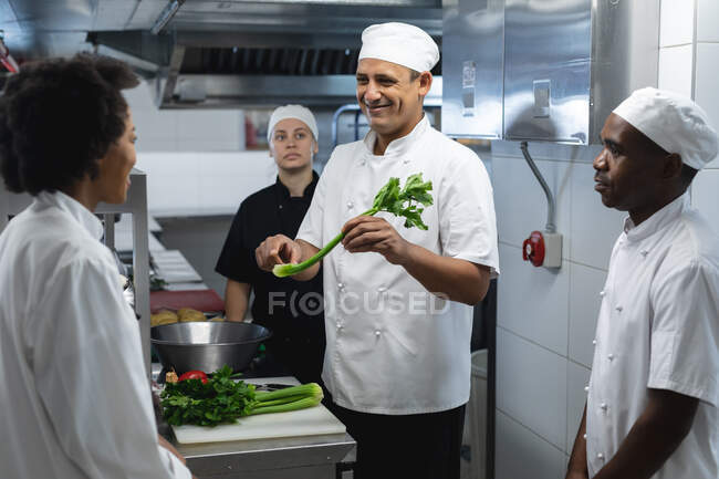 Divers chefs professionnels masculins et féminins de race préparant des légumes. travailler dans une cuisine de restaurant occupée. — Photo de stock