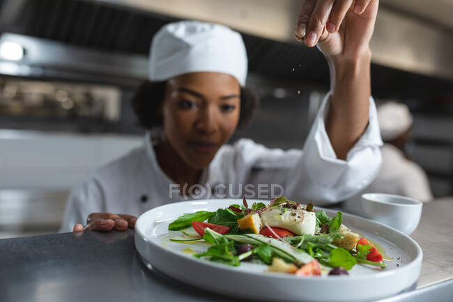 Mélange course femelle chef professionnel finition plat avant de servir. travailler dans une cuisine de restaurant occupée. — Photo de stock