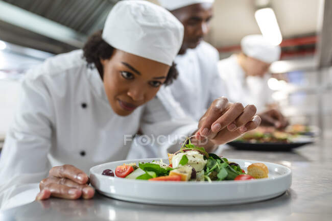 Chef profesional de carrera mixta terminando el plato antes de servir con su colega en segundo plano. trabajando en una cocina ajetreada. - foto de stock