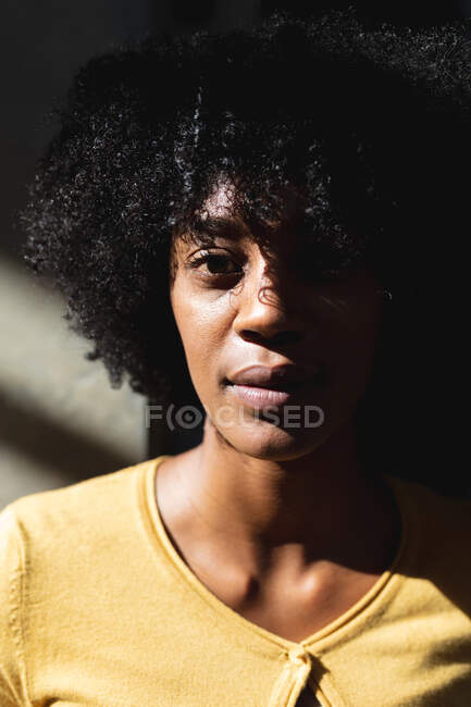 Retrato de mujer afroamericana mirando a la cámara en un interior de alto contraste. creativos digitales sobre la marcha. - foto de stock