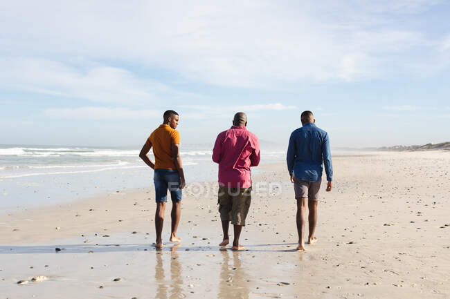 Вид сзади на африканского отца-американца и двух его сыновей, идущих вместе на пляже. летний отдых на пляже и досуг. — стоковое фото