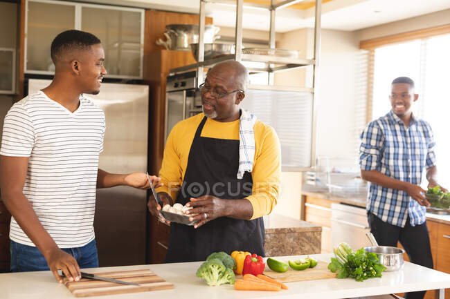 Der afroamerikanische Senior und seine beiden Söhne kochen zu Hause gemeinsam in der Küche. Vaterschaft und Familienkonzept — Stockfoto