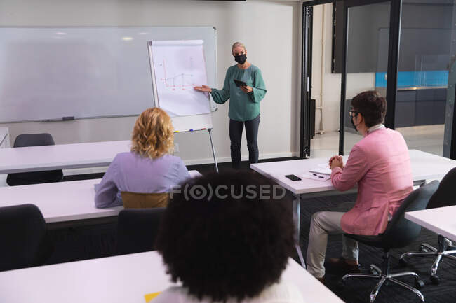 Белая женщина в маске для лица делает презентацию коллегам в конференц-зале в офисе. гигиена и социальное дистанцирование на рабочем месте во время пандемии ковида 19. — стоковое фото