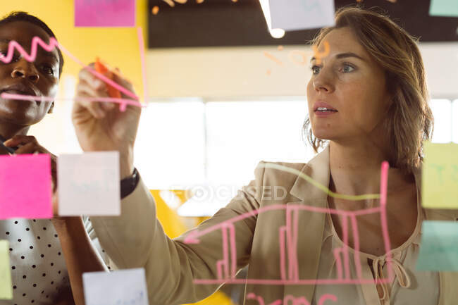 Zwei unterschiedliche Geschäftsfrauen arbeiten zusammen und machen Notizen auf transparenter Tafel. unabhängiges kreatives Geschäft in einem modernen Büro. — Stockfoto