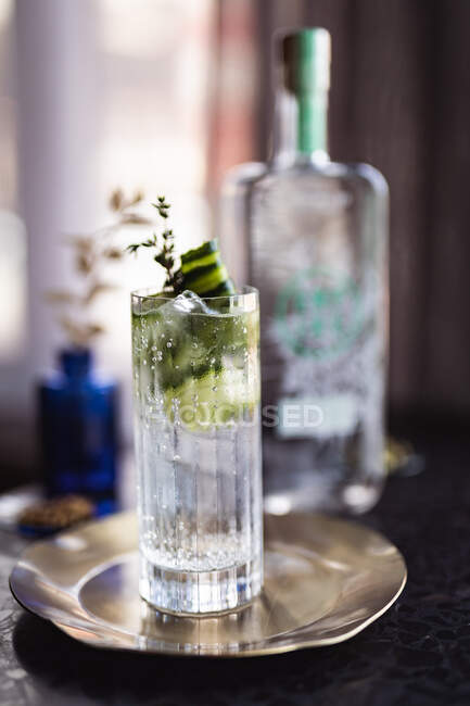 Vista de cerca del cóctel de ginebra con hierbas frescas en placa de acero. concepto de bebida de cóctel tropical y de verano - foto de stock