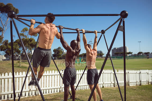 Diverso grupo de hombres sin camisa en forma que hacen ejercicio al aire libre, haciendo flexiones en el marco del ejercicio. estilo de vida activo saludable, entrenamiento cruzado para fitness. - foto de stock