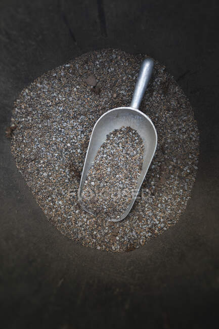 Gravel in bucket with hand shovel measure at garden centre. bonsai plant nursery, independent horticulture business. — Stock Photo