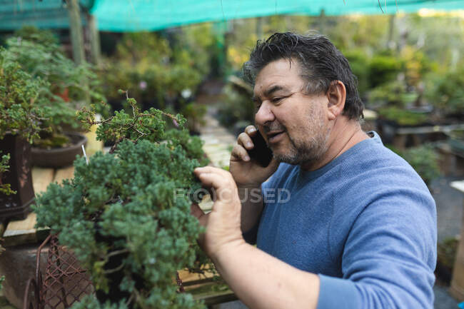 Caucasian male gardener talking by smartphone and touching bonsai tree at garden centre. specialist working at bonsai plant nursery, independent horticulture business. — Stock Photo