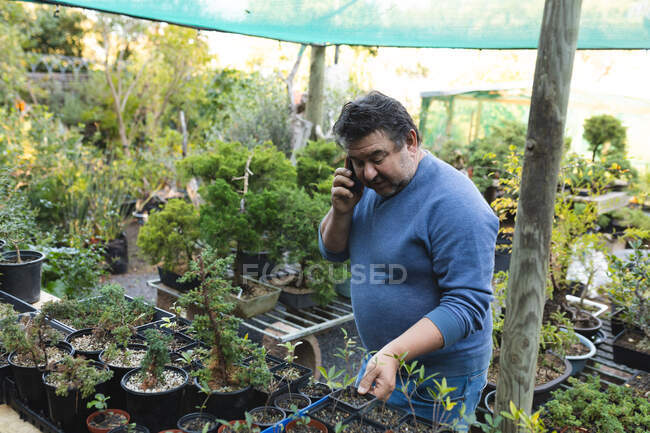 Jardinier masculin caucasien parlant par smartphone au centre de jardin. spécialiste travaillant dans la pépinière de bonsaï, entreprise horticole indépendante. — Photo de stock