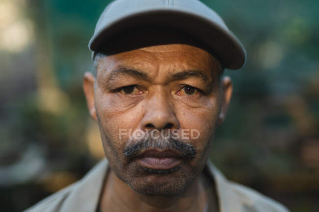 Портрет африканского садовника-американца, смотрящего на камеру в центре сада. специалист, работающий в питомнике бонсай, независимый садоводческий бизнес. — стоковое фото