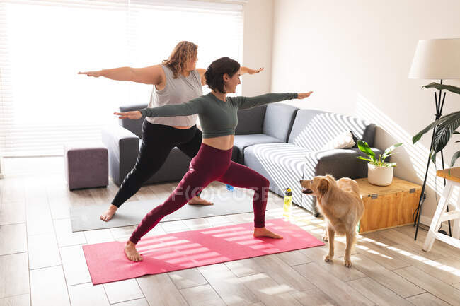 Couple lesbien pratiquant le yoga, s'étirant sur des tapis de yoga. mode de vie domestique, passer du temps libre à la maison. — Photo de stock