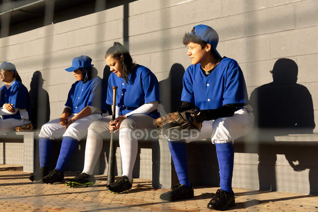 Diverso grupo de jugadoras de béisbol sentadas en el banco bajo el sol, esperando para jugar. equipo femenino de béisbol, entrenamiento deportivo, unión y compromiso. - foto de stock