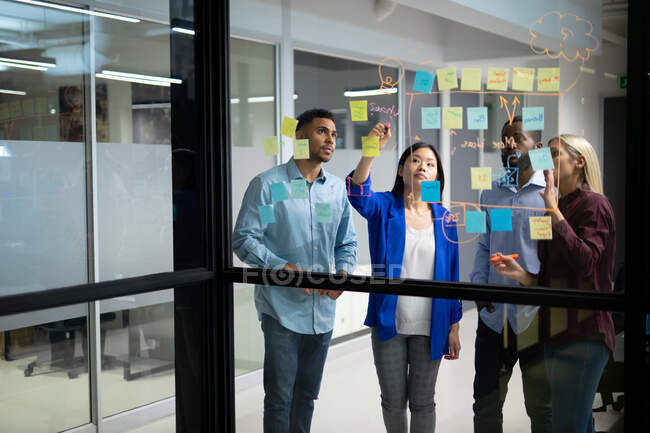 Diversos colegas de negocios masculinos y femeninos leyendo notas coloridas en la pared de vidrio. trabajar en un negocio en una oficina moderna. - foto de stock