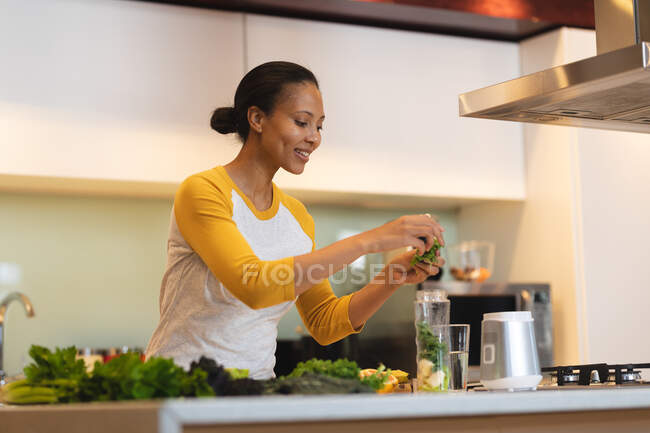Lächelnde Mischlingshündin in der Küche, die Gesundheitsgetränk zubereitet. häuslicher Lebensstil, Freizeit zu Hause genießen. — Stockfoto