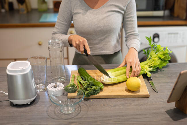 Mulher na cozinha, preparando bebida saudável, cortando legumes. estilo de vida doméstico, desfrutando de tempo de lazer em casa. — Fotografia de Stock