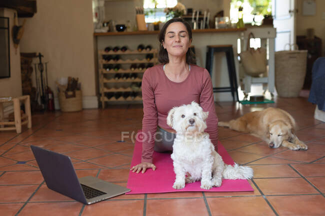 Lächelnde Kaukasierin im Wohnzimmer mit ihren Vierbeinern, Yoga praktizierend, mit Laptop. häuslicher Lebensstil, Freizeit zu Hause genießen. — Stockfoto