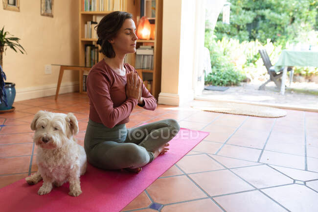 Белая женщина в гостиной со своей собакой, практикует йогу, медитирует. домашний образ жизни, наслаждаясь отдыхом дома. — стоковое фото