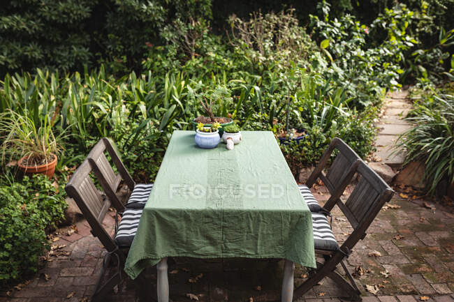 Tisch, Stühle und grüne Pflanzen im sonnigen Garten. häuslicher Lebensstil, Freizeit zu Hause genießen. — Stockfoto