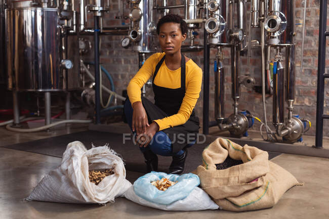 Ritratto di donna afroamericana con grembiule seduta vicino a sacchi di ingredienti alla distilleria di gin. produzione di alcol e concetto di filtrazione. — Foto stock