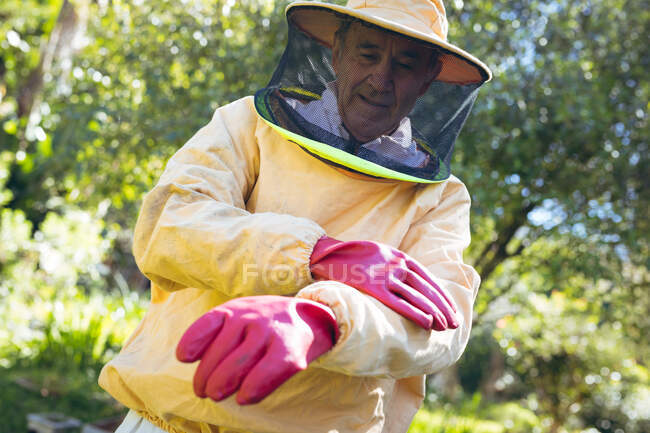 Caucasian senior man wearing rubber gloves and beekeeper uniform. beekeeping, apiary and honey production concept. — Stock Photo