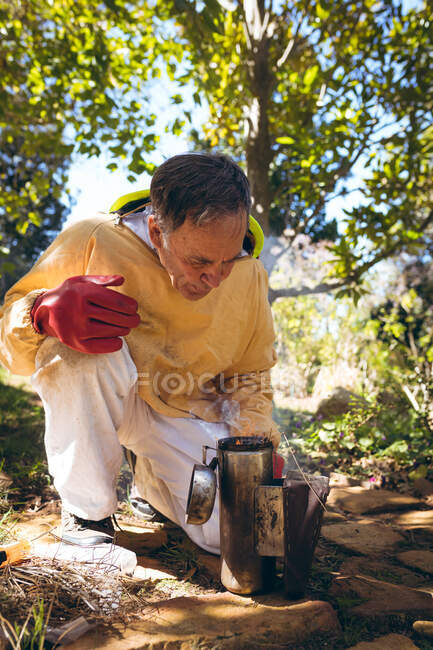 Homem idoso caucasiano usando uniforme de apicultor preparando fumaça para acalmar as abelhas. conceito de apicultura, apiário e produção de mel. — Fotografia de Stock