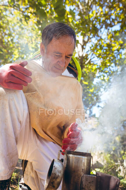 Старший белый человек в пчеловодческой форме готовит дым, чтобы успокоить пчёл. пчеловодство, пасека и мёд. — стоковое фото