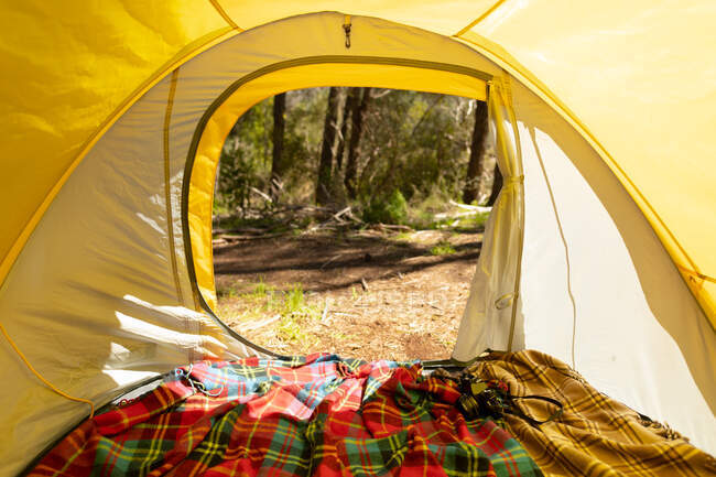 A l'intérieur de la tente jaune à la campagne. mode de vie sain et actif en plein air et temps libre. — Photo de stock