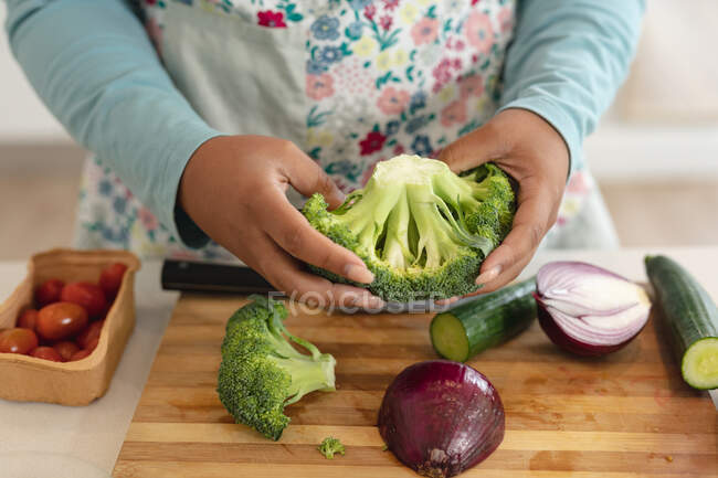 Hands of plus size woman holding broccoli, cooking in kitchen. lifestyle, cooking and spending time at home — Stock Photo