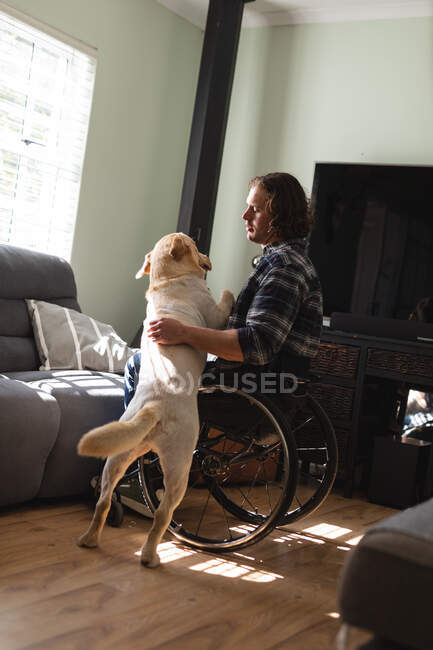 Белый инвалид, сидящий в инвалидном кресле и играющий дома со своей собакой. Концепция инвалидности и инвалидности — стоковое фото