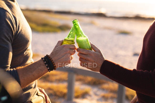 Partie médiane du couple gay caucasien qui porte un toast avec des bouteilles de bière au bord de la mer. road trip d'été et vacances dans la nature. — Photo de stock