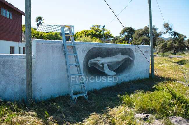 Escada inclinada na parede com pintura mural de baleia criativa durante o dia ensolarado. arte de rua e criatividade. — Fotografia de Stock