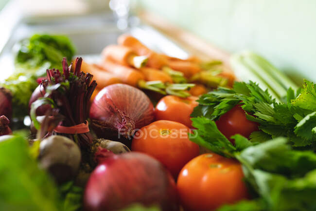 Gros plan sur les variations de légumes biologiques frais sur le comptoir de la cuisine à la maison. une alimentation saine et biologique. — Photo de stock