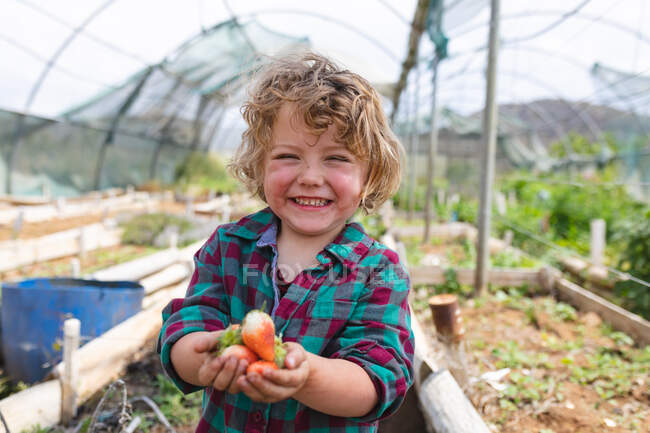 Portrait de mignon garçon blond joyeux tenant des légumes fraîchement récoltés dans les mains à la ferme biologique. bonheur, enfance et homesteading. — Photo de stock