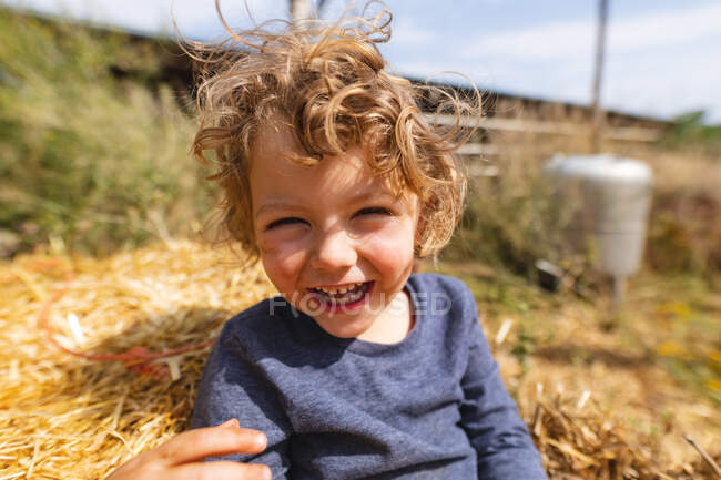 Ritratto di allegro ragazzo biondo seduto sul fieno nella fattoria biologica durante la giornata di sole. felicità, infanzia e homesteading. — Foto stock