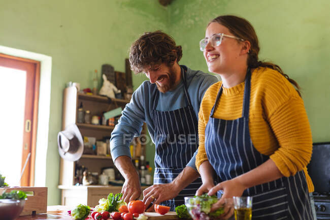 Joyeux repas de cuisine jeune couple tout en hachant et en mélangeant les légumes dans la cuisine. mode de vie domestique et amour, saine alimentation. — Photo de stock