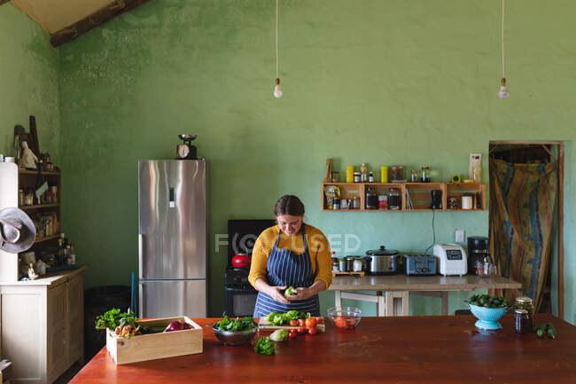 Junge Frau mit Schürze bereitet Mahlzeit zu, während sie frisches Gemüse an der Küchentheke schneidet. Lebensstil und gesunde Ernährung. — Stockfoto