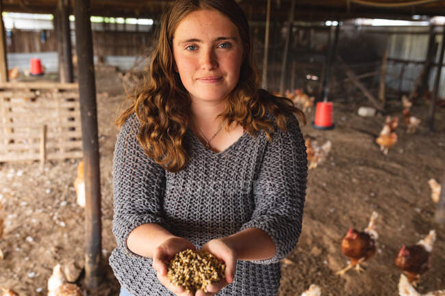 Retrato de bela jovem fêmea homesteader com pelotas de grãos em mãos de xícara em caneta de frango. herbívoros e avicultura, pecuária. — Fotografia de Stock