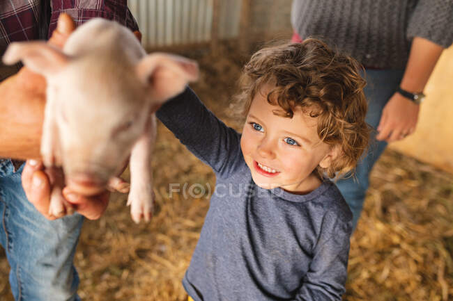 Ragazzo carino sorridente che guarda il maialino tenuto dal padre con la madre in penna. fattoria, famiglia e bestiame. — Foto stock