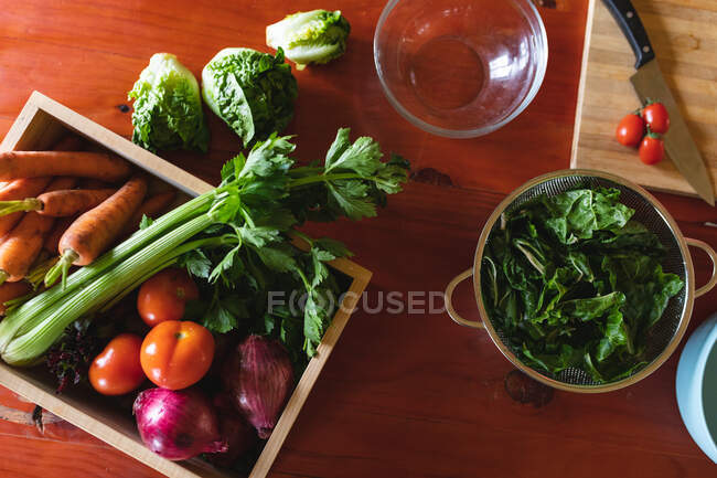 Directly above view of fresh organic vegetable variations on kitchen counter at home. organic and healthy eating. — Stock Photo