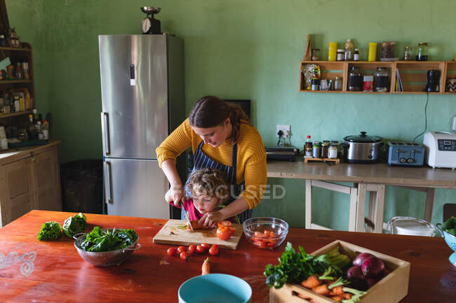 Woman teaching cutting fresh tomatoes on wooden board to son at kitchen counter. family and healthy eating, domestic lifestyle. — Stock Photo