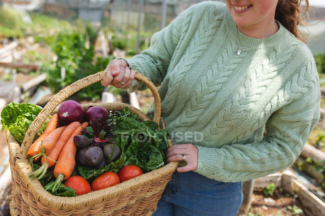 Midsection of smiling female farmer holding freshly harvested vegetables in basket at farm. homesteading and farming occupation. — Stock Photo