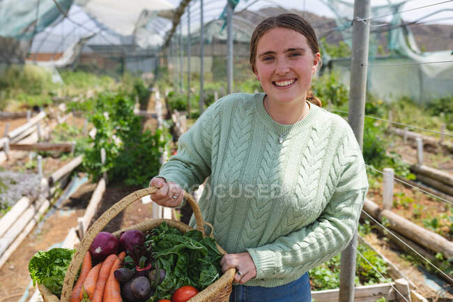 Portrait of smiling young female farmer holding freshly harvested vegetables in basket at farm. homesteading and farming occupation. — Stock Photo