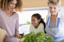 Mulher sênior com filha e neta olhando para verduras e legumes na cozinha — Fotografia de Stock