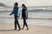 Feliz pareja joven descalza caminando en la playa en otoño - foto de stock