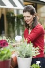 Элегантная женщина смотрит на цветы в цветочном магазине на открытом воздухе — стоковое фото