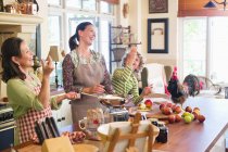 Mehrgenerationenfamilie kocht Essen mit Hühnern auf der Küchentheke — Stockfoto
