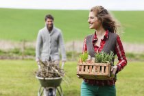 Frau hält Gemüsekorb mit Ehemann beim Sammeln von Brennholz auf dem Land — Stockfoto